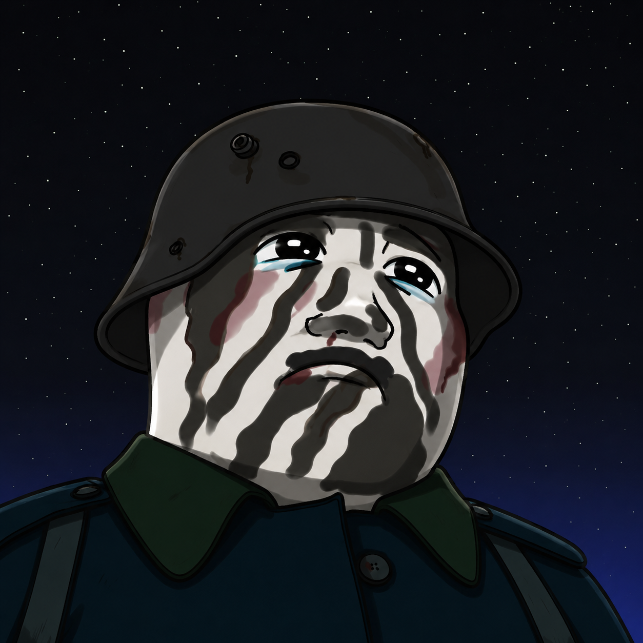 A weary soldier gazing up at a starry night sky, tears streaking his face — still waiting