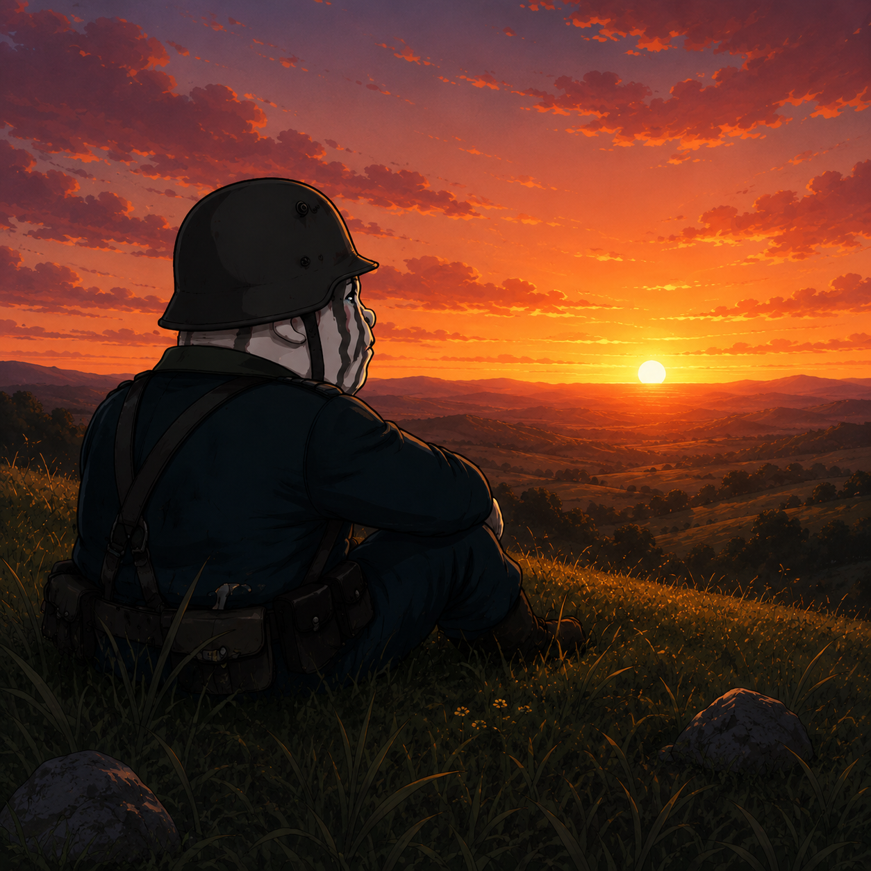 The soldier sitting alone in a field, watching the sunset